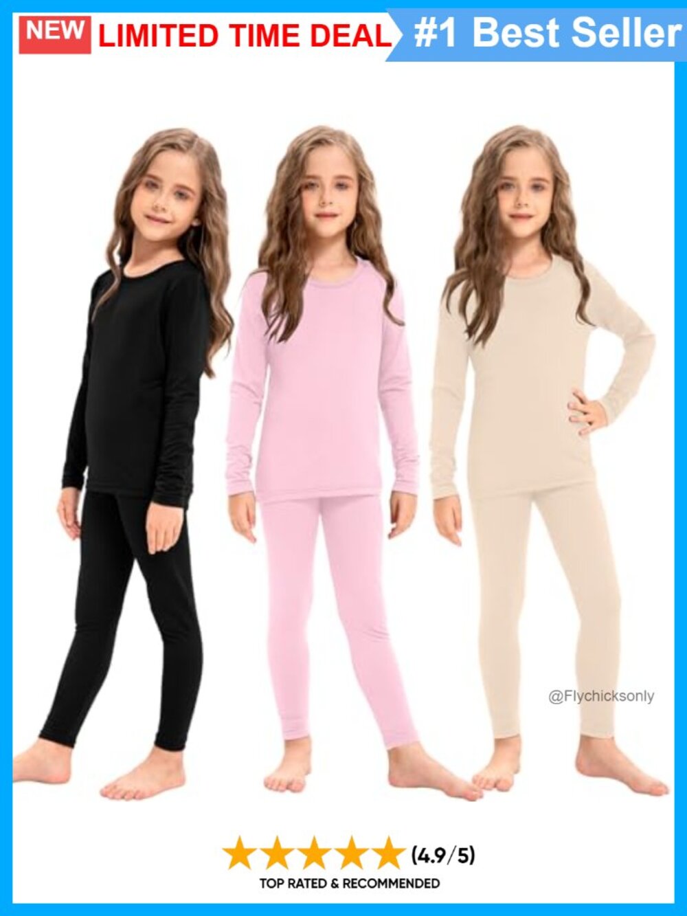 Girls Thermal Underwear Set 3 Pc Long Sleeve Top Bottom Base Layer